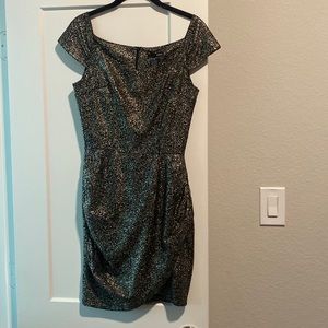 Aqua Mini Dress Tulip Hem gold and black sparkle